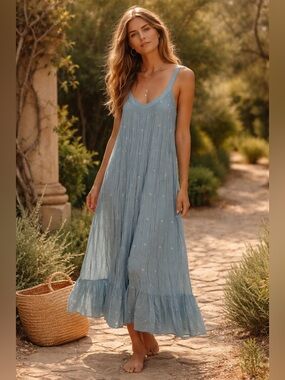 BSBEE Dress Womens XS Blue Maxi Handmade Khadi Minimalist Lagenlook Boho Indie